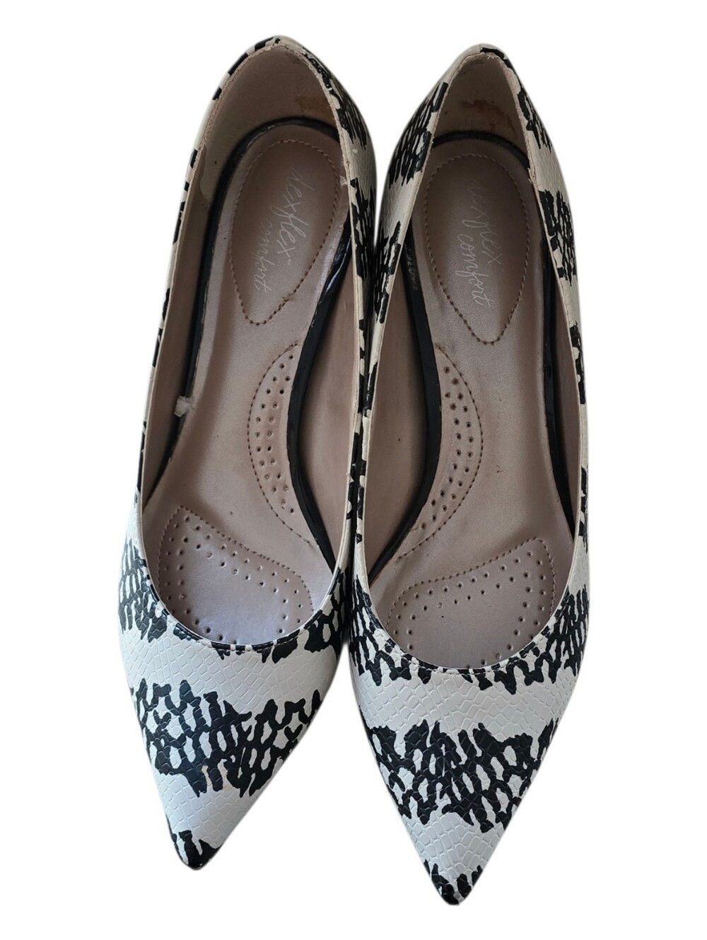 New W/o Box Dexflex Women's Pointed Toe Kitten Heels Black and White Pattern 7.5